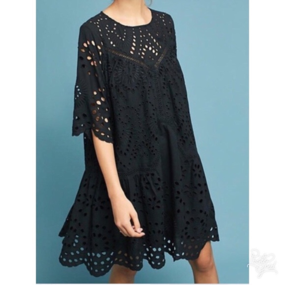 ANTHROPOLOGIE ERI + ALI Black Eyelet Mini Dress S